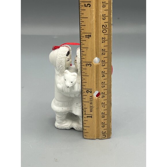 Eskimos Rubbing Noses Kissing Porcelain Tree Ornament white Red Ribbon 3.5" Tall - Picture 2 of 9